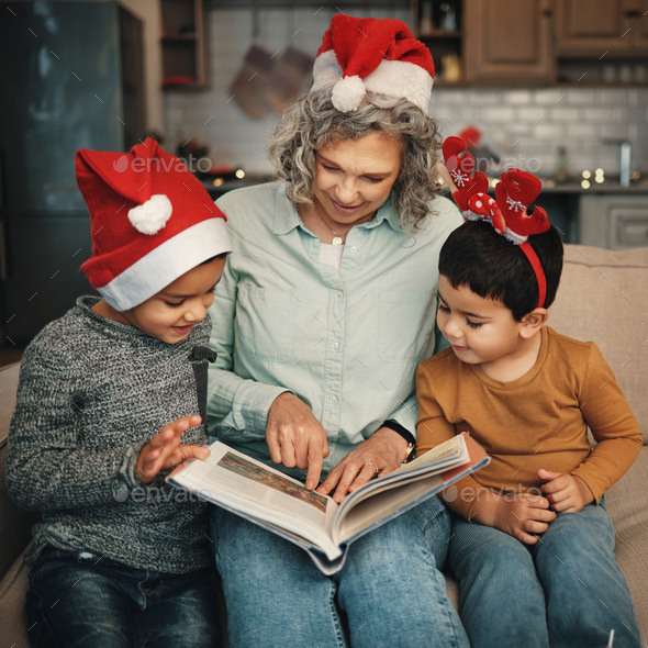 Christmas, photo album or memories with a grandmother and kids