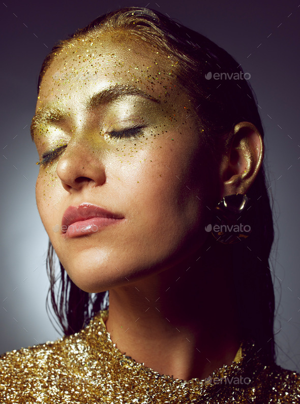 Gold Glitter Flake Black Woman Beauty Makeup Luxury Studio Sparkle