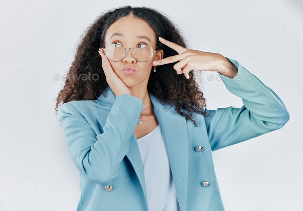 Business woman, studio and peace sign or emoji with glasses and surprise, shocked or wow face. Entr