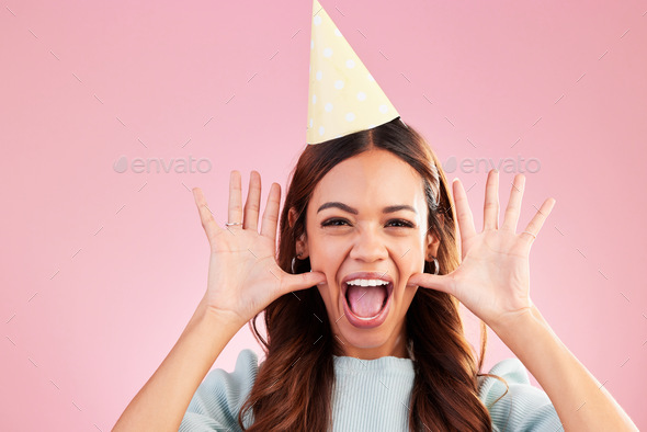 Birthday face portrait, scream and woman excited for happy celebration event, surprise wow or celeb