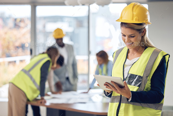 Architecture, tablet and woman with project management, software design and  planning in office for Stock Photo by YuriArcursPeopleimages