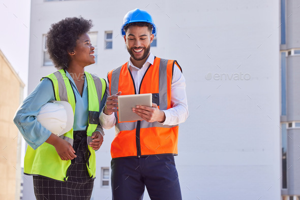 Architecture, tablet and teamwork with people on construction site for ...