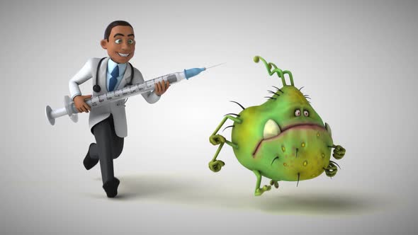 3D Animation of a fun doctor chasing a virus with a vaccine alt