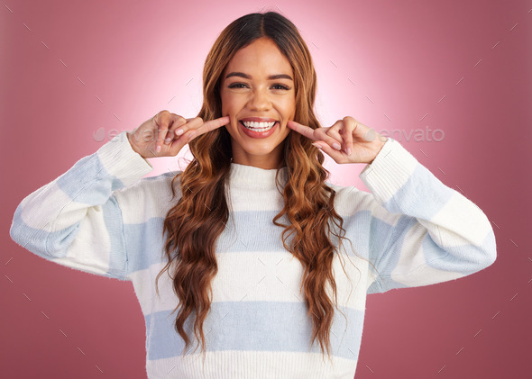 Cute smile, woman and portrait in a studio with a gen z female in ...