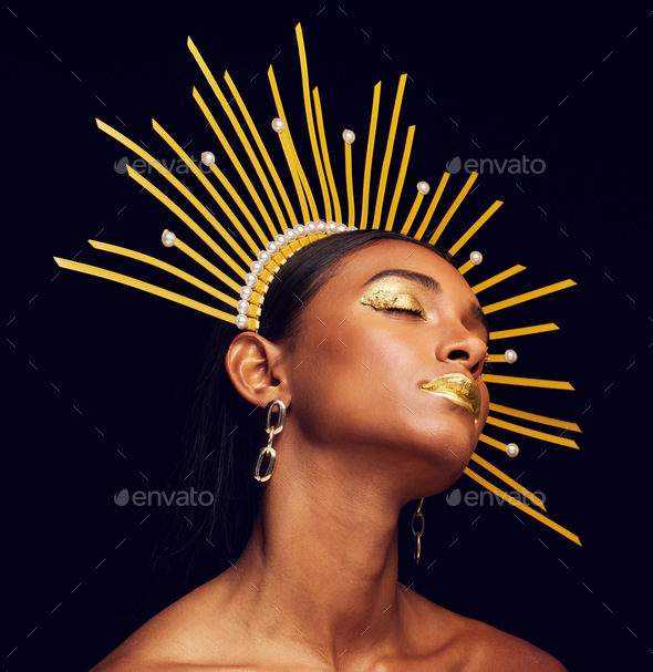 Crown, gold makeup and a beauty queen isolated on a black background in ...