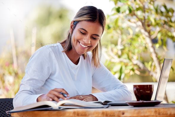 Woman writing notes, student and education with smile, study and academic course, learning and univ