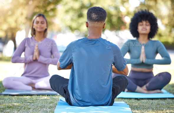 Mediation, coaching and yoga class with people in park for relax, mindfulness and spirituality. Zen