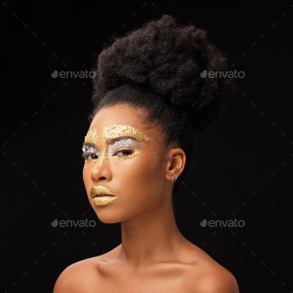 Beauty, gold and portrait with black woman and makeup in studio for ...