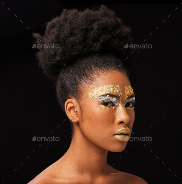 Beauty, gold and glamour with black woman and makeup in studio for ...