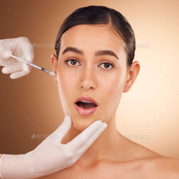 Plastic surgery hands, face portrait and woman with needle facial ...