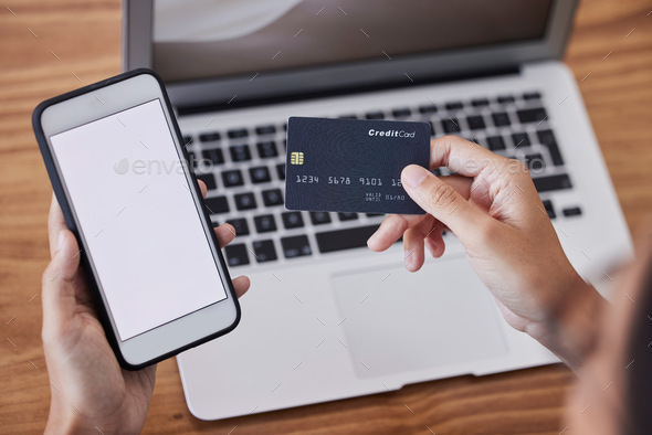 Hands, credit card and phone mockup for ecommerce, purchase or electronic transaction at office des