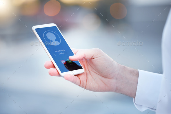 Hand, smartphone and unknown call in city for woman from stranger, client or customer on network. B - Stock Photo - Images