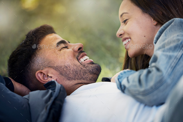Couple are happy together, smile and relax outdoor, love and care with trust in relationship and co - Stock Photo - Images