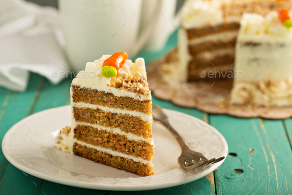 Piece of carrot cake with cream cheese frosting