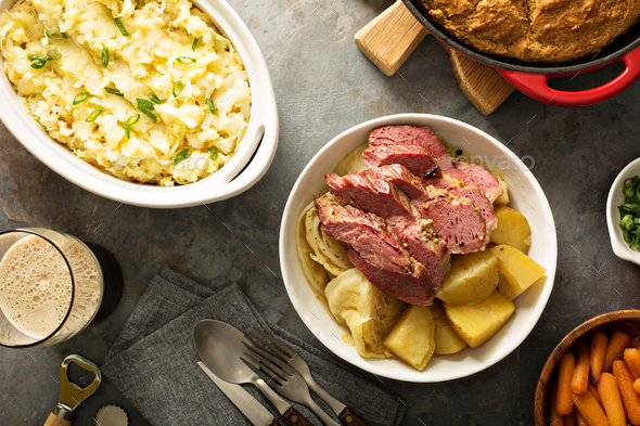 Traditional Irish dinner with corned beef and colcannon