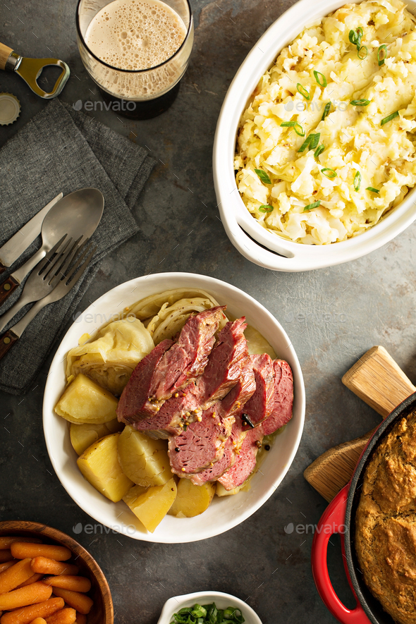 Traditional Irish dinner with corned beef and colcannon