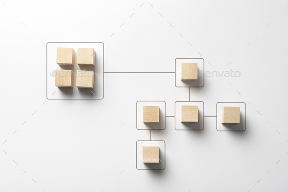a business logic algorithm, lines connect between wooden cubes, creative concept