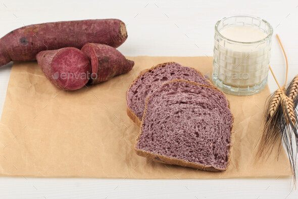 Slice Homemade Purple Bread Made from Japanese Purple Sweet Potato with natural Color.