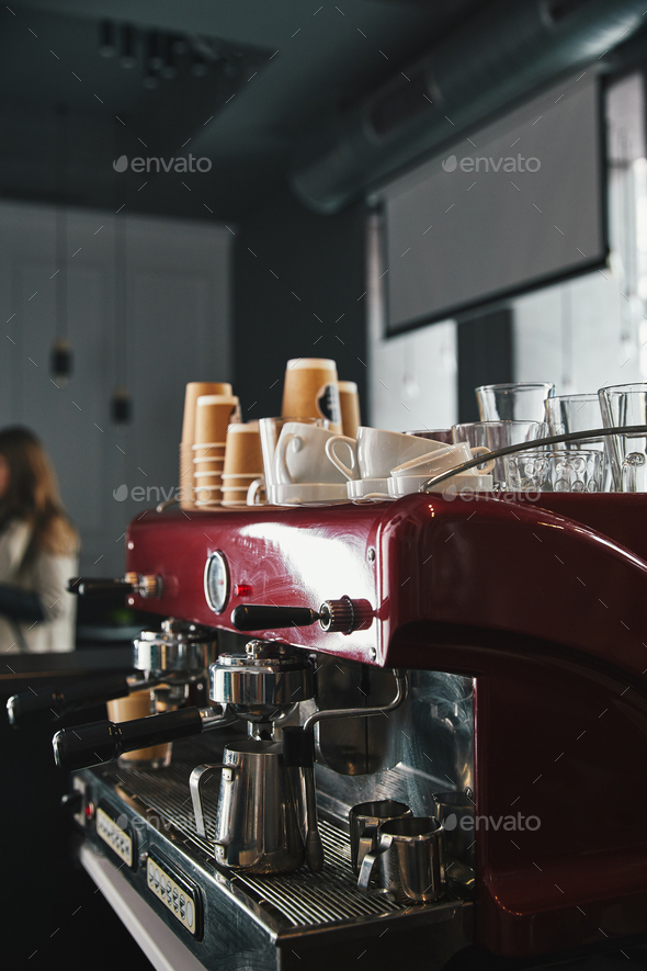 professional coffee machine with tools in coffeehouse Stock Photo