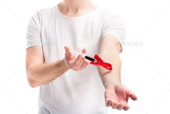 cropped image man with red ribbon making hiv test with syringe isolated on white, world aids day