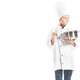 portrait of pre-adolescent boy in chef uniform with saucepan isolated on white - PhotoDune Item for Sale