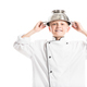 portrait of preteen boy in white chef uniform with colander on head isolated on white - PhotoDune Item for Sale