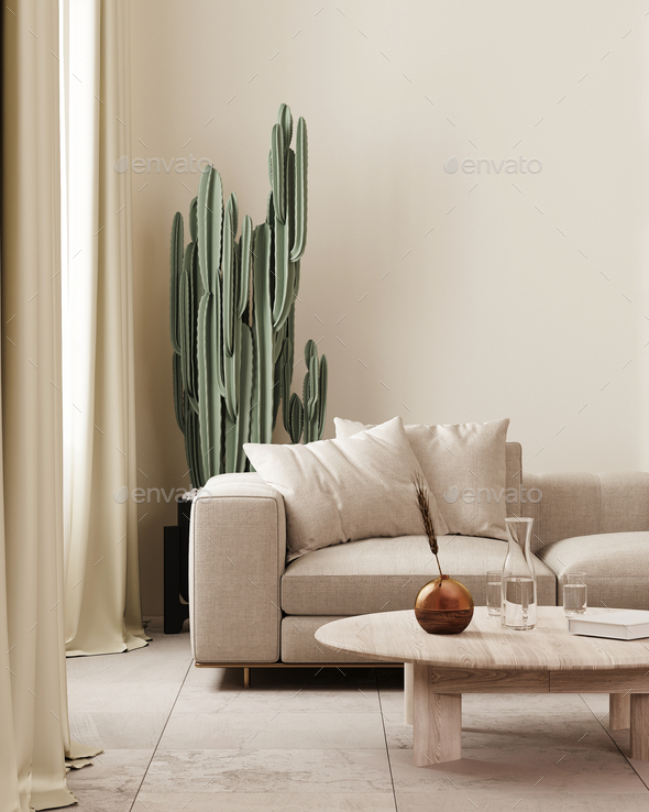 modern living room interior in beige tones with sofa and coffee table, curtains and cactus, 3d rende - Stock Photo - Images