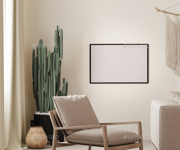 Mock up picture horizontal frame in boho interior, armchair and cactus, 3D render illustration - Stock Photo - Images