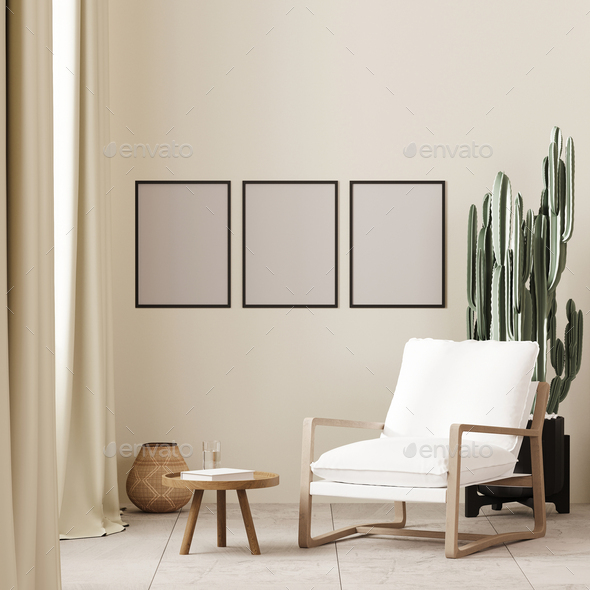 Three poster frames mock up in boho style interior background with white armchair and coffee table n - Stock Photo - Images