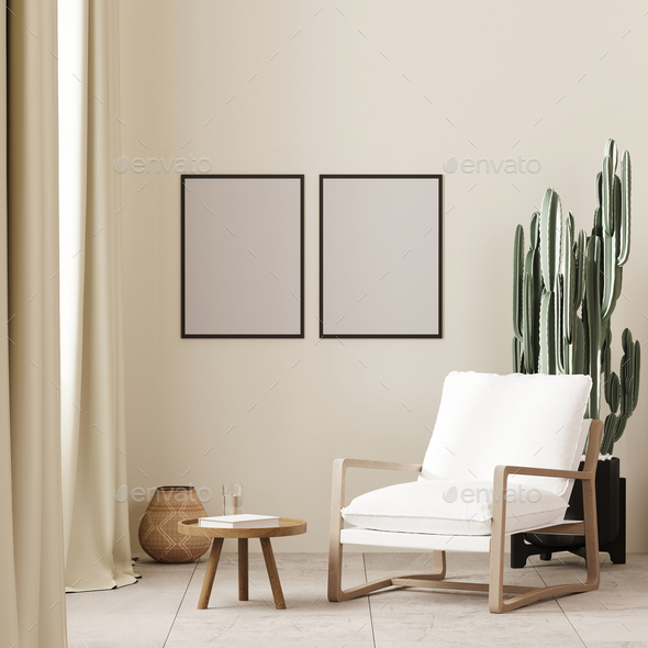 two poster frame mock up in boho style interior background with white armchair and coffee table, 3d  - Stock Photo - Images