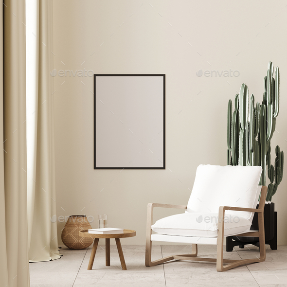 poster frame mock up in boho style interiorwhite armchair and coffee table near window, 3d - Stock Photo - Images