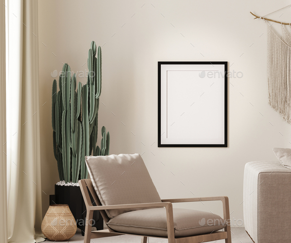 Mock up poster frame with mat in boho interior background with beige wall, armchair and cactus, 3D - Stock Photo - Images