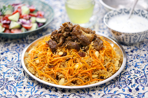 kabuli pulao (luxurious pilaf), Afghan national dish         - Stock Photo - Images