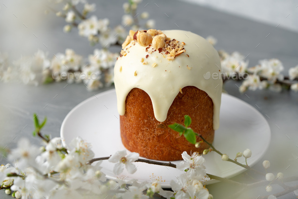 Traditional Easter cake with nuts on gray background - Stock Photo - Images
