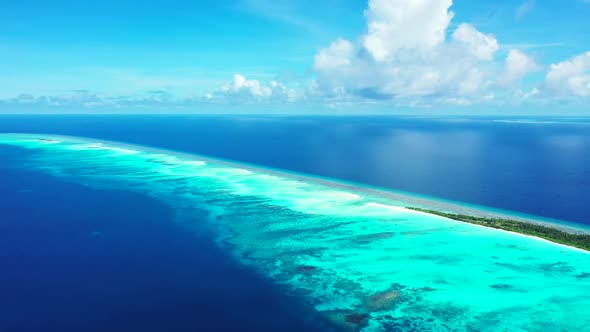 Aerial above travel of paradise sea view beach holiday by transparent lagoon with white sand backgro alt