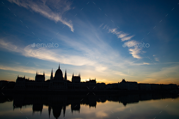 Budapest, Hungarian Parliament silhouette, beautiful panoramic view. - Stock Photo - Images