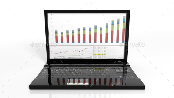 Laptop with bar chart on screen, isolated on white - Stock Photo - Images