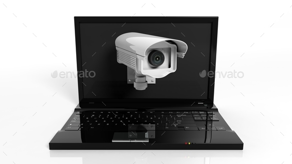 Security surveillance camera on laptop screen isolated on white background - Stock Photo - Images