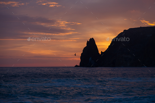 Sea mountains sunset. - Stock Photo - Images