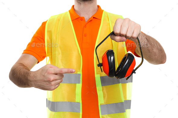 Young man civil engineer with ear protectors isolated on white background
