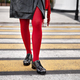 Woman Legs In Red Color Tights Black Leather Shoes With Rivets And Skirt  Stand On Crosswalk Fashion Details For Stylish Extravagant Women Stock  Photo - Download Image Now - iStock