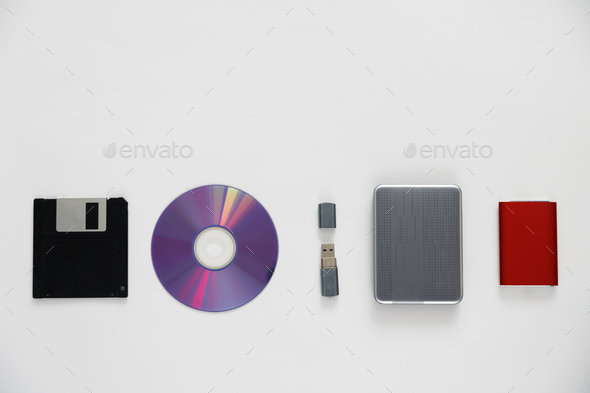 Set of external Storage media. Storage device evolution. Different data drives from floppy to ssd