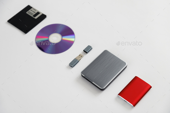 Set of external Storage media. Storage device evolution. Different data drives from floppy to ssd