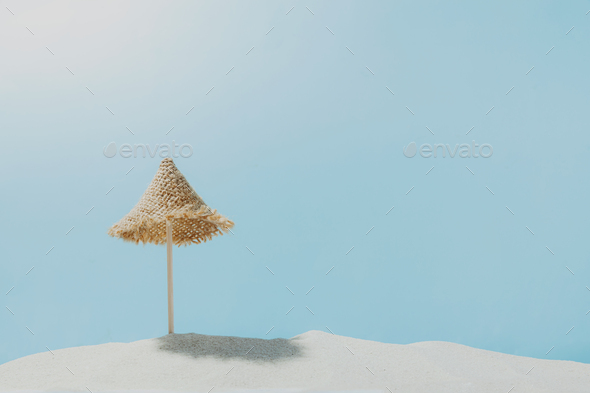 Vacation, beach, travel concept. Composition with sun lounger on sand, blue sky - Stock Photo - Images
