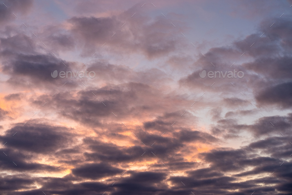 Landscape photo of big, pink cumulonimbus clouds in a stormy sky at sunset. Moody sunset sky.