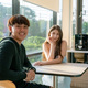 couple young teen sitting cafe and smile at camera. - PhotoDune Item for Sale