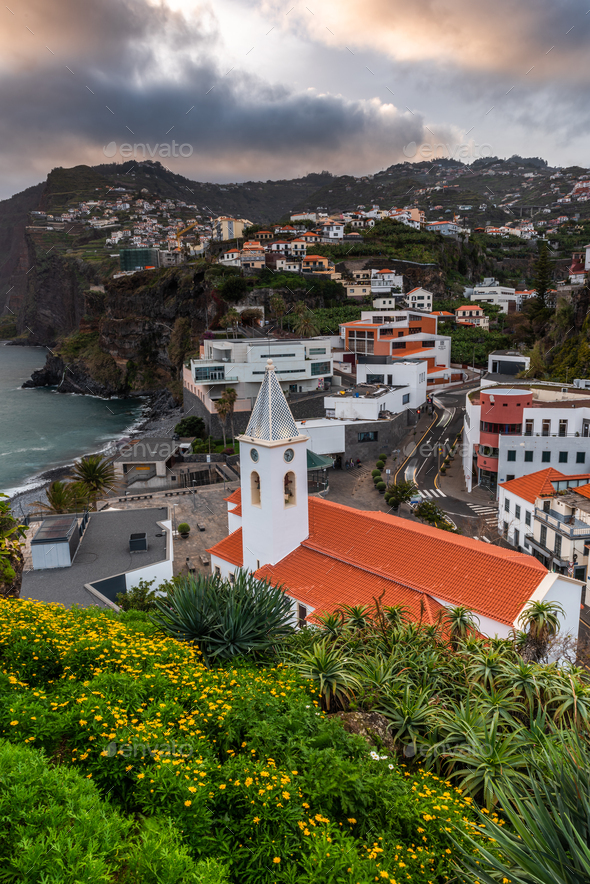 Cityscape of Camara de Lobos, architecture of the seaside town in Madeira island, Portugal - Stock Photo - Images