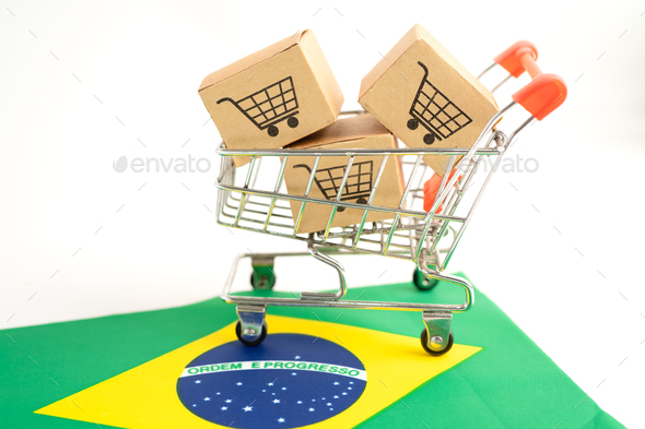 Box with shopping cart logo and Brazil flag, Import Export Shopping online or eCommerce finance