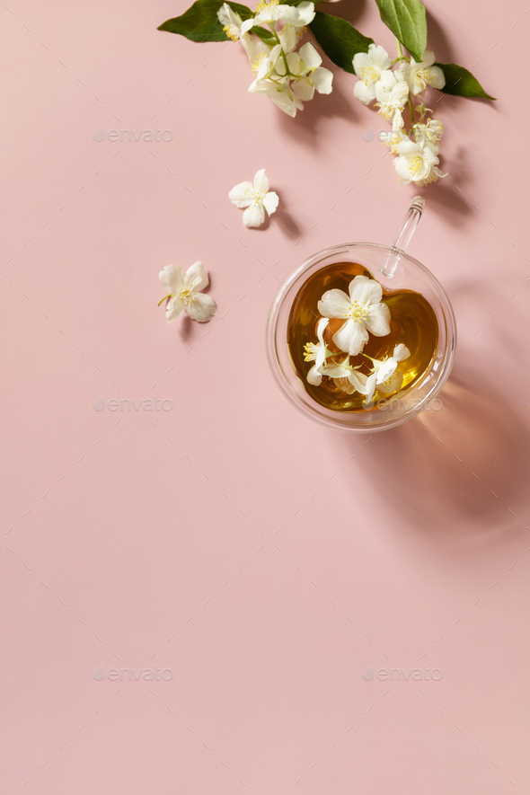 Cup of jasmine tea with jasmine flowers on a pink pastel background.   - Stock Photo - Images