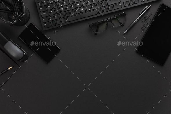 Top view of Office Desk with Supplies and Computer Keyboard On Gray Desk - Stock Photo - Images